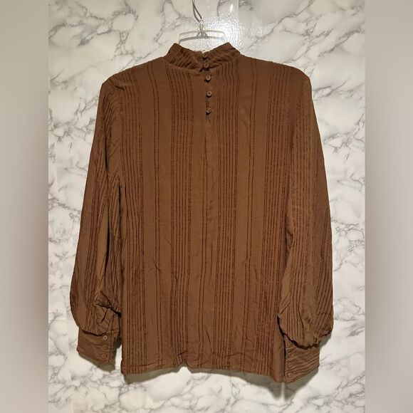 VEILED New York Textured Rayon Balloon Sleeve Blouse - Brown Cocoa - Picture 10 of 15